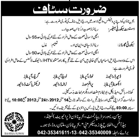 Security Staff Required at Bahria Town