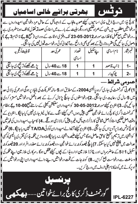 Naib Qasid job at Government College for Women