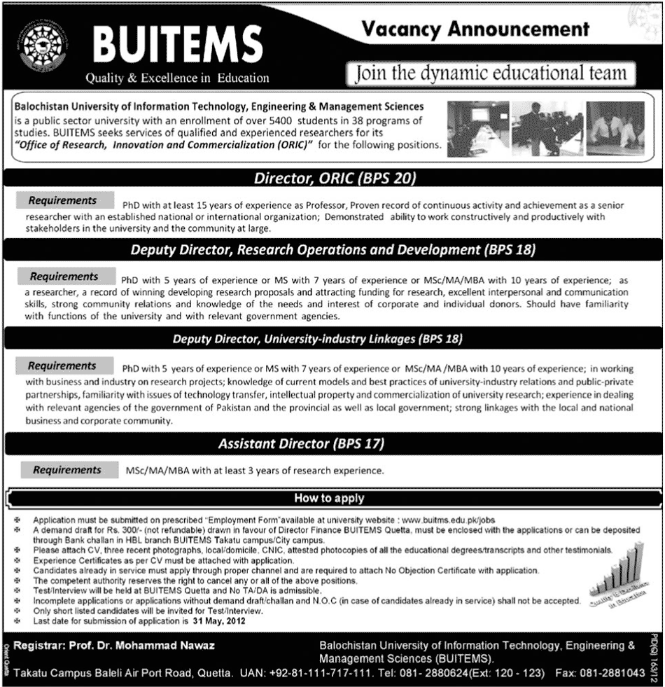 Educational Team Required at Balochistan University of Information Technology (Govt. job)