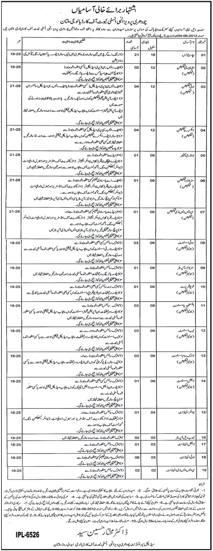 Medical Tech Staff and Nurses Required at Chaudhry Pervaiz Elahi Institute of Cardiology