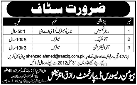 Technicians Required at HR Department Raaziq International