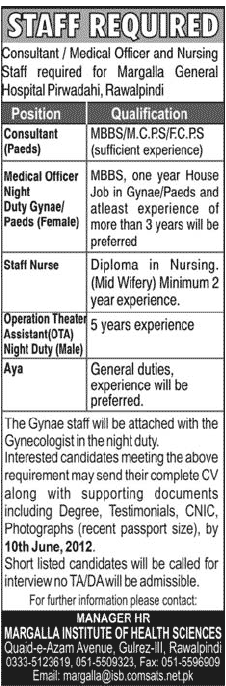 Medical Staff Required at Margalla General Hospital