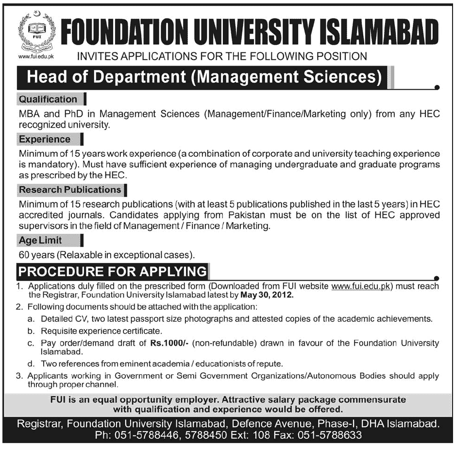 H.O.D (Management Sciences) Required at Foundation University