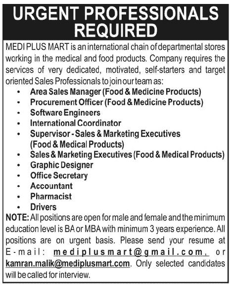 Management Staff Required at International Departmental Stores (MEDIPLUS MART)