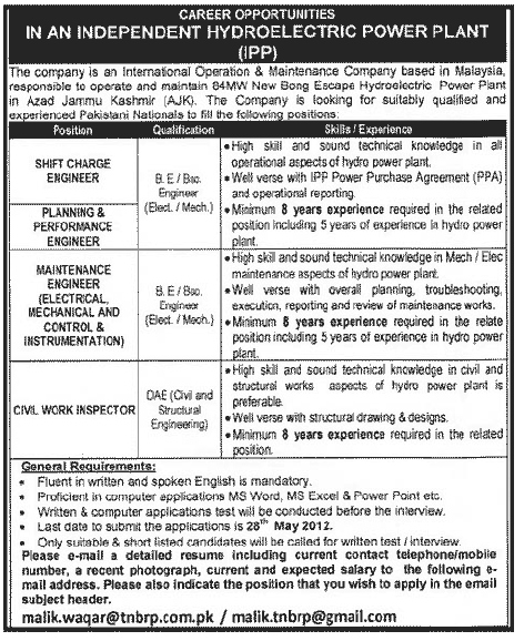 Engineering jobs at Independent Hydoelectric Power Plant (IPP)