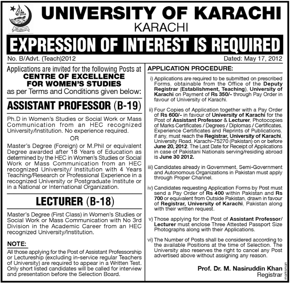Teaching Job at University of Karachi