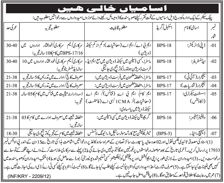 Administrative Staff and Teaching Staff Required at Public Sector Organization
