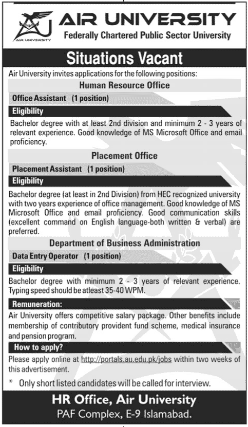 Office Staff Required at Air University (PAF University)