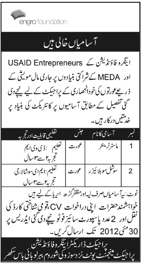 Female Officers Required at Engro-Foundation under USAID Entrepreneurs and Media