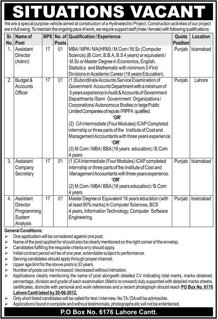 Supporting Staff (Male/Female) Required at Hydroelectric Project