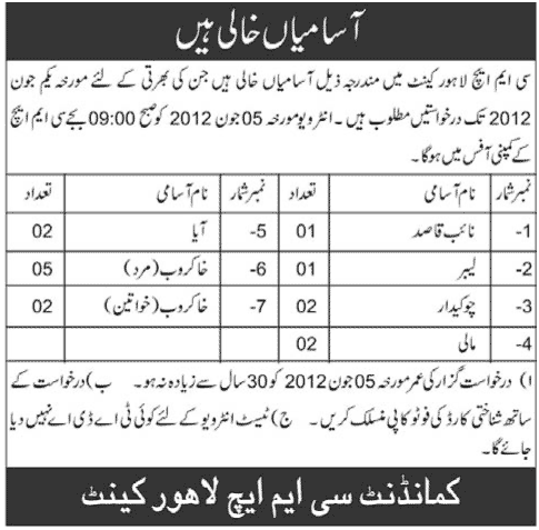 Naib Qasid Required at C.M.H Cantt