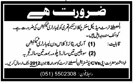 Laboratory Technician Required by Al-Mustafa Trust Medical Centre