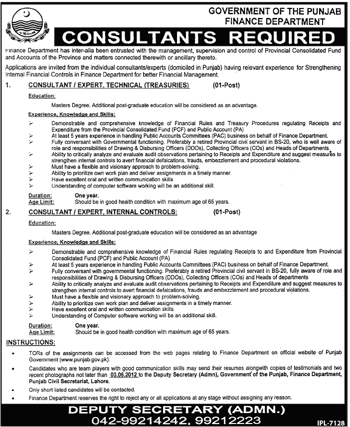 Consultants Required by Finance Department of Punjab Government