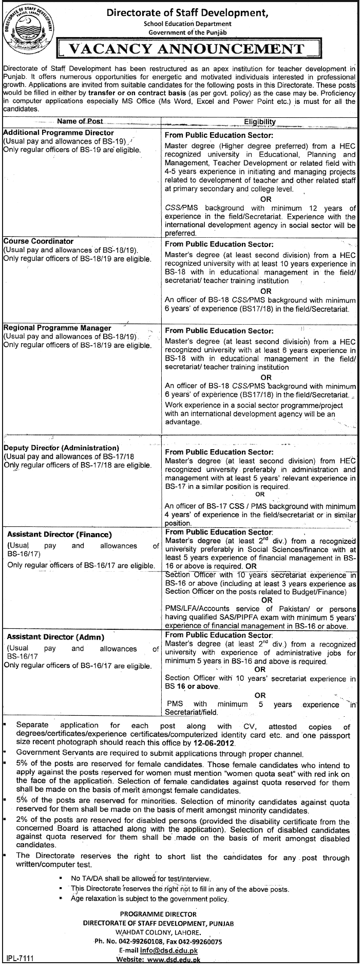 Administrative Jobs at Directorate of Staff Development (School Education Department)