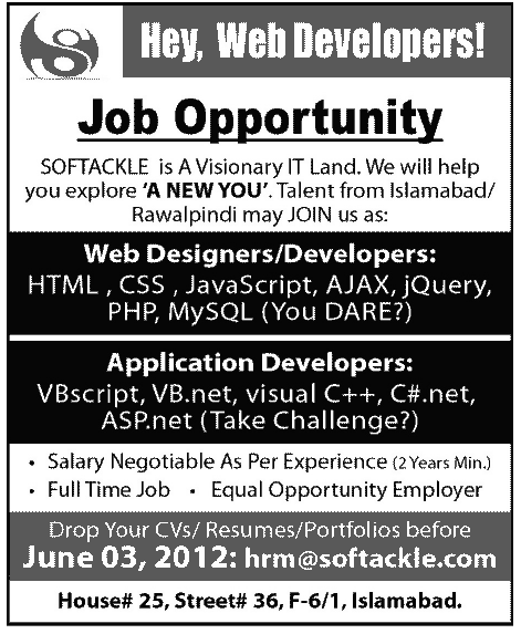 Web Developers Required at SOFTACKLE IT Land.