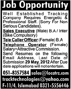 Sales Staff Required by Tracking Company