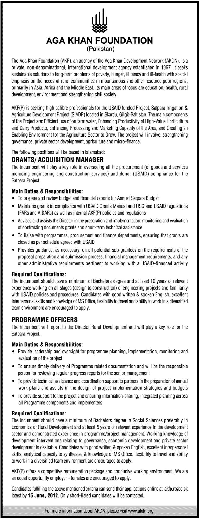 Manager and Programme Officer Required at AGA Khan Foundation (AKF)