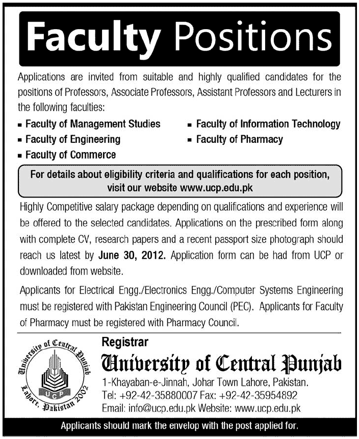 Teaching Faculty Required at University of Central Punjab (UCP)