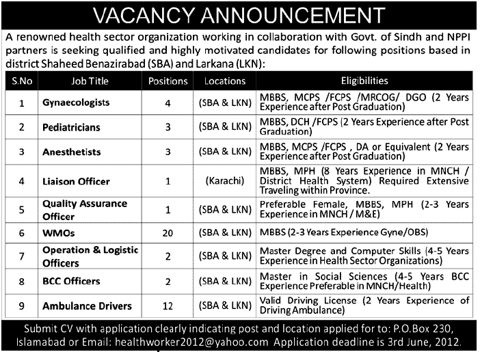 Medical Professionals and Drivers Required at Health Sector Organization