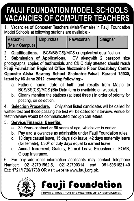 Computer Teachers Required at Fauji Foundation Model Schools