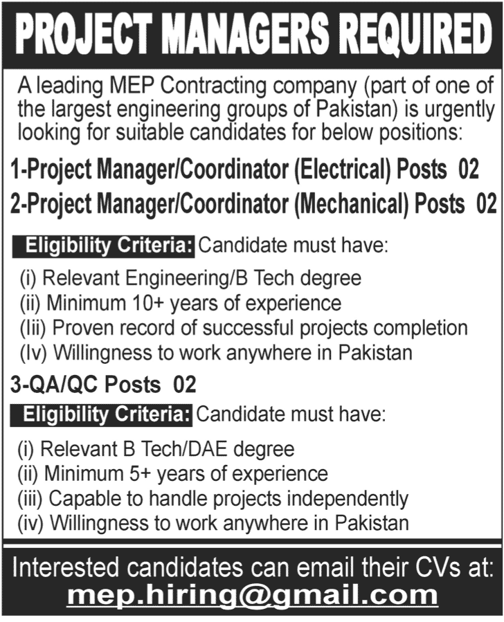 Project Managers Required by Engineering Group of Pakistan