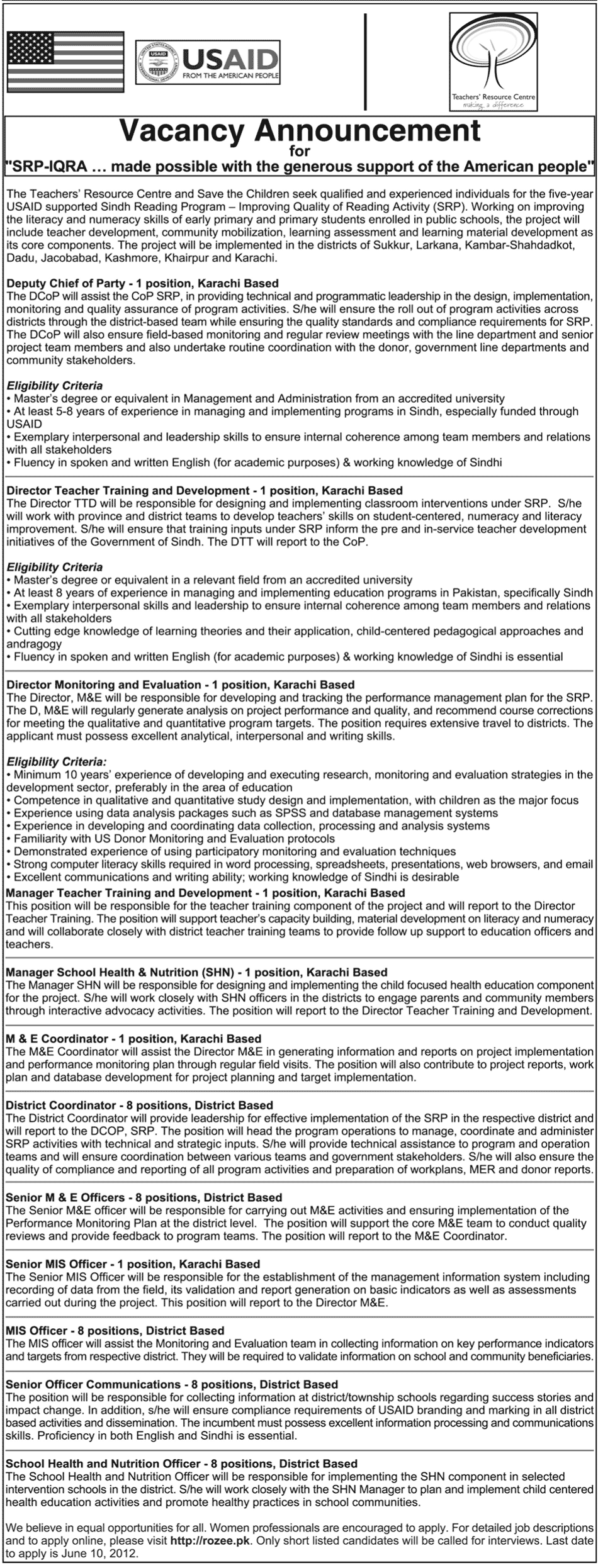 Jobs at SRP-IQRA by USAID (UN. jobs)