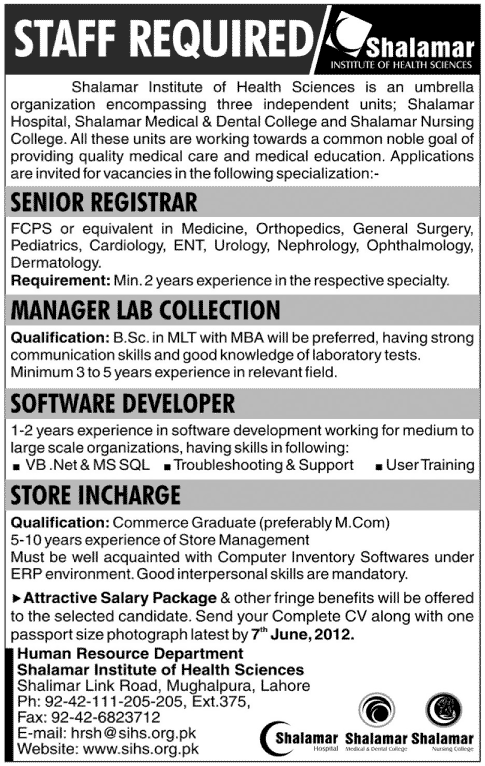 Jobs at Shalamar Institute of Health Sciences