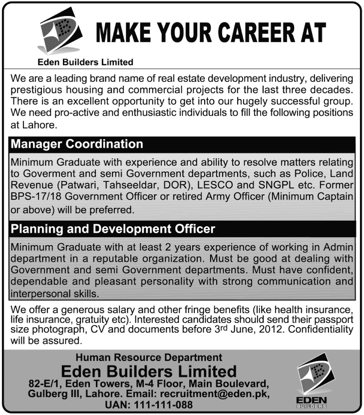 Manager and Planning Development job at Eden Builders Limited