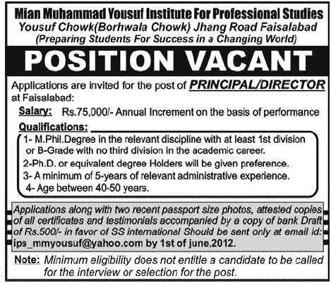 Post of Prinipal is Vacant at Mian Muhammad Yousuf Institute of Professional Studies