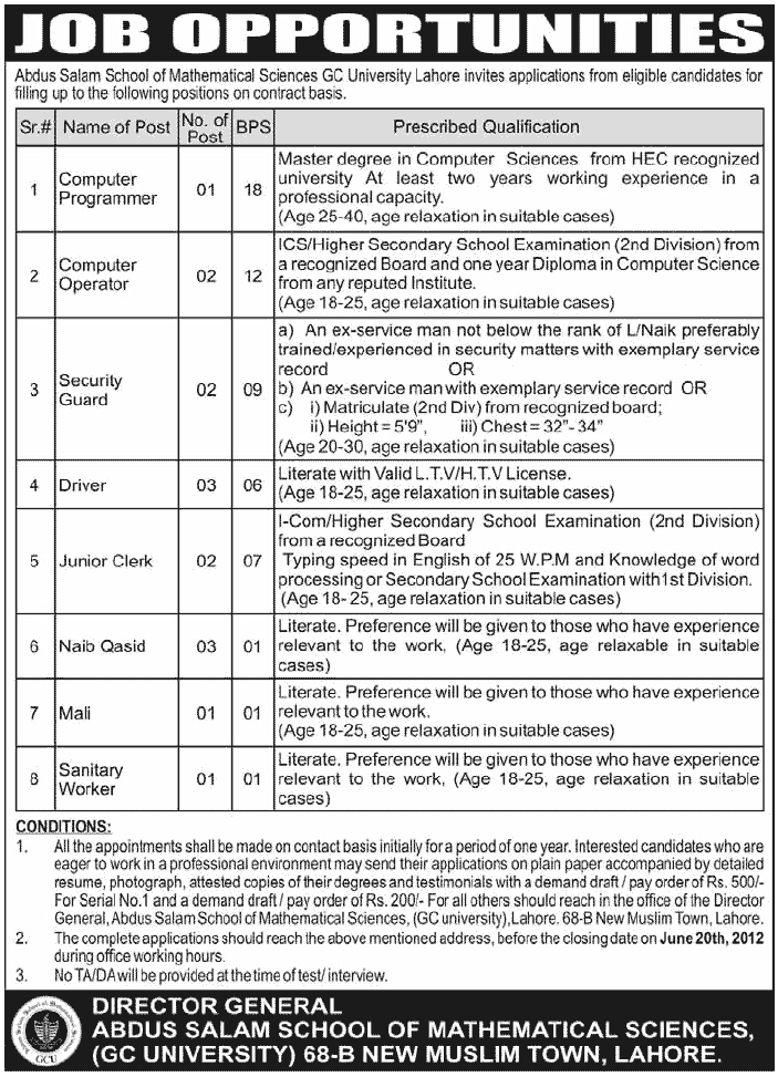 Computer Staff and Clerk Required at Abdus Salam School of Mathematical Sciences GC University