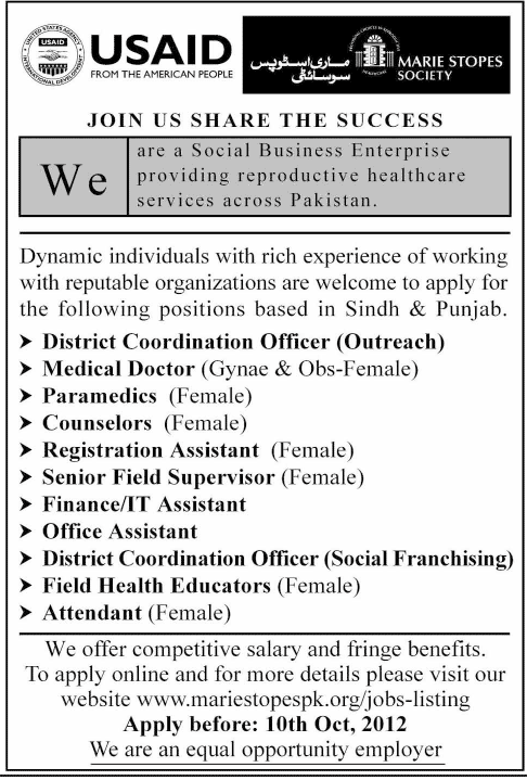 Marie Stopes Society Requires Medical and Management Staff for Sindh and Punjab