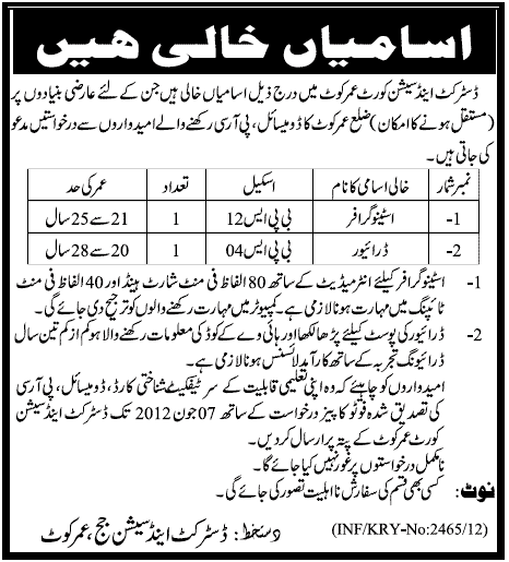 Stenographer Job at District & Session Court (Only Umerkot Domicile Holders can Apply)