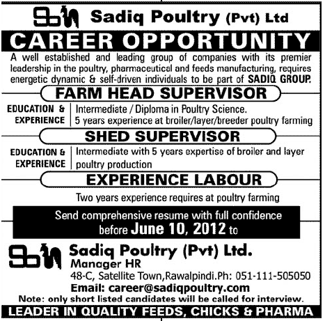 Sadiq Poultry (PVT) Ltd. Required Supervisor and Labour
