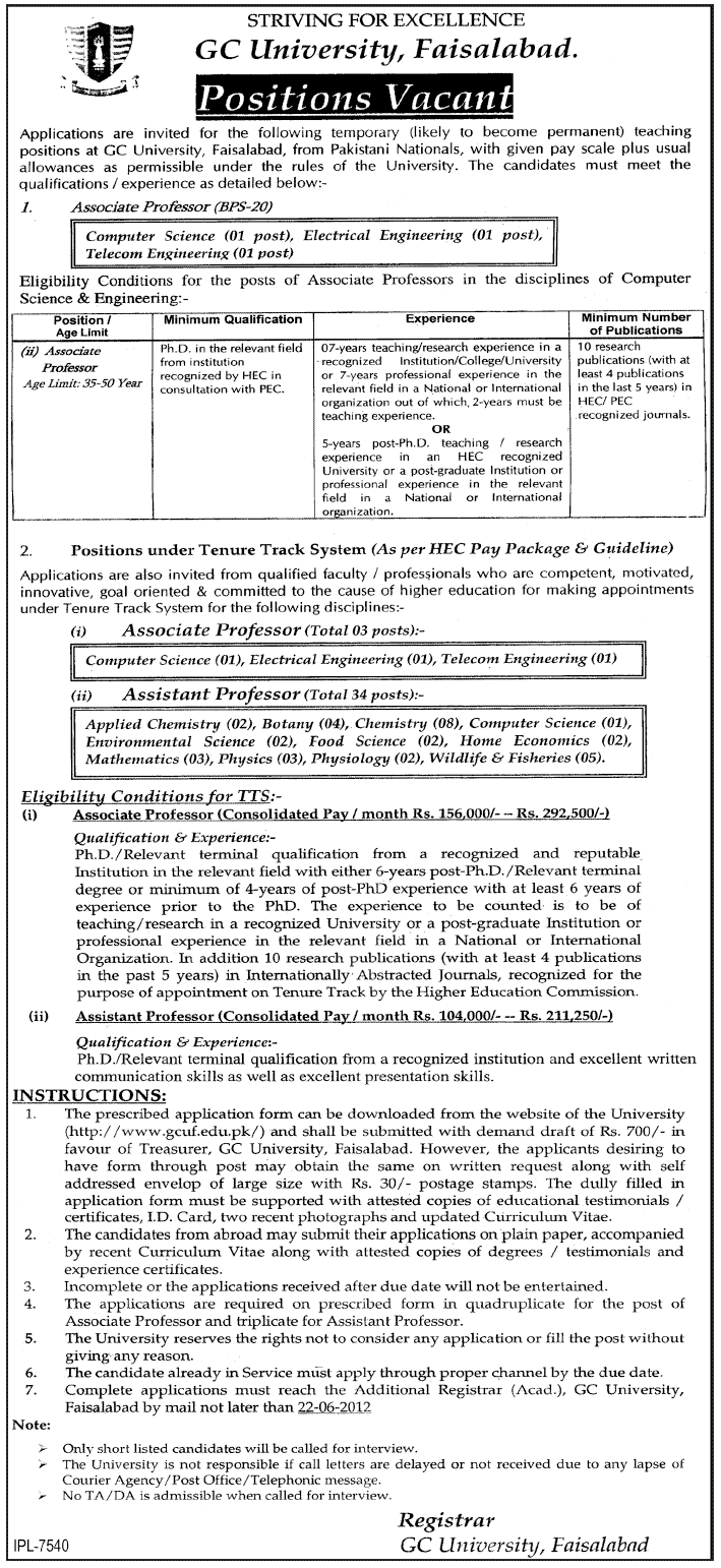 Associate Professors and Assistant Professors Required at GC University