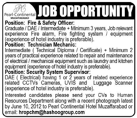 Technical Staff Required at Pearl Continental Hotel (PC Hotel)