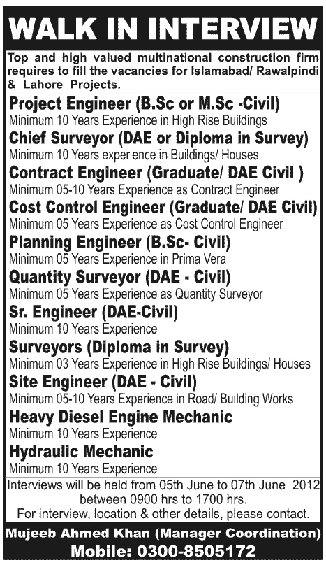 Engineering Staff Required at Multinational Construction Company