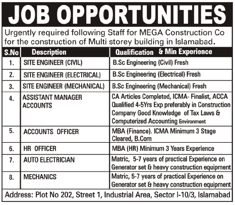 Engineers and Accounts Staff Required at MEGA Construction Company