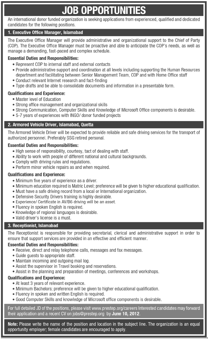 Manager and Support Staff Required by an International Donor Funded Organization