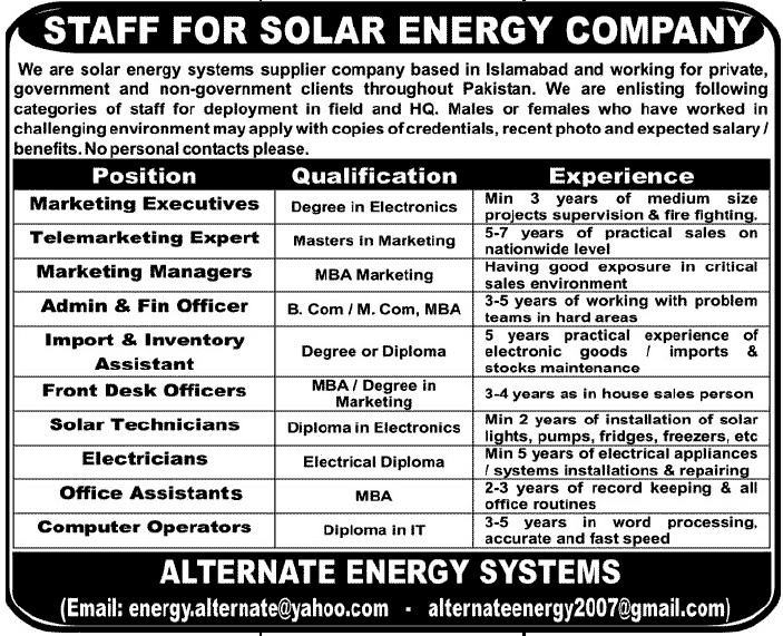 Marketing and Admin Jobs at Solar Energy Company