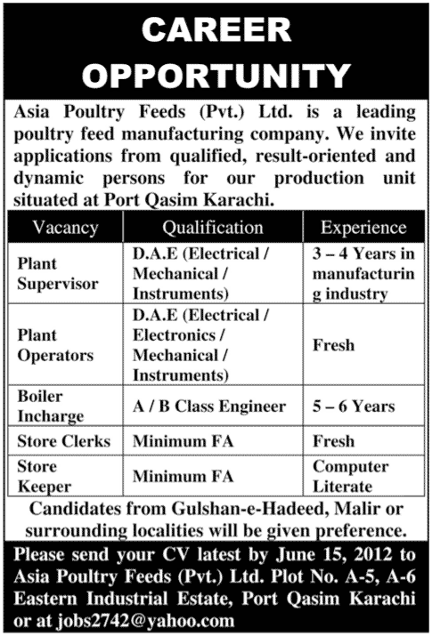 Operators and Supervisors Required at Asia Poultry Feed (PVT.) LTD.