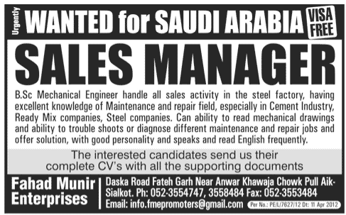 Sales Manager Required for Saudi Arabia