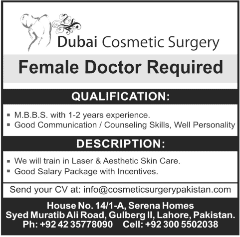 Female Doctor Required by Cosmetic Surgery Clinic