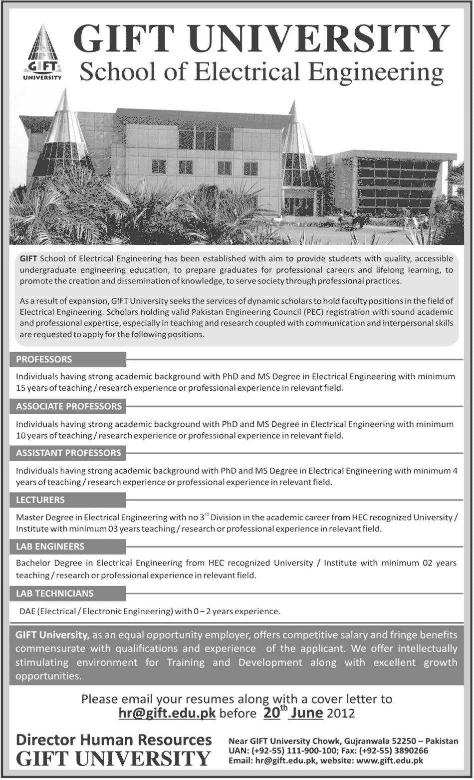 Teaching Faculty and Technicians Required at GIFT University (School of Electrical Engineering)