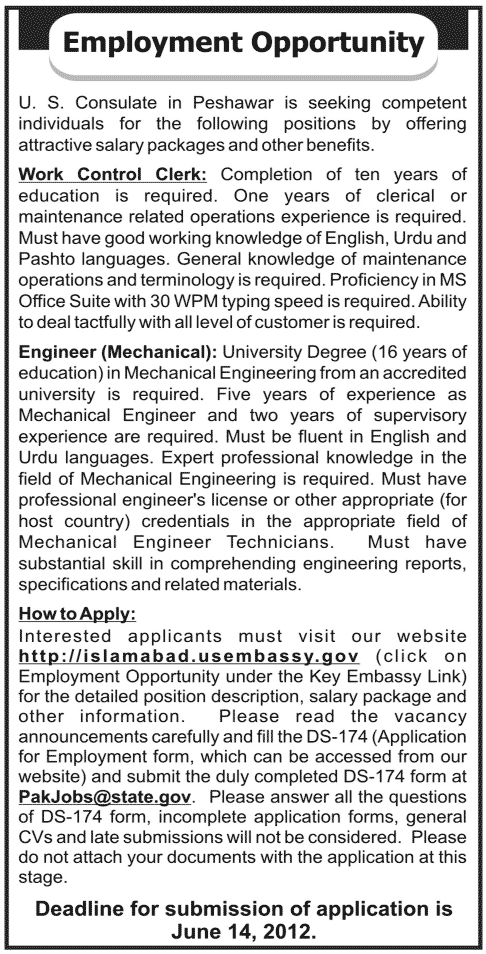 Work Control Clerk and Mechanical Engineer Required at U.S Consulate