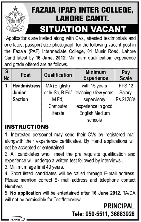 Headmistress Required at FAZIA (PAF) INTER COLLEGE