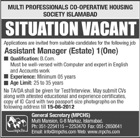 Assistant Manager Required at Housing Society