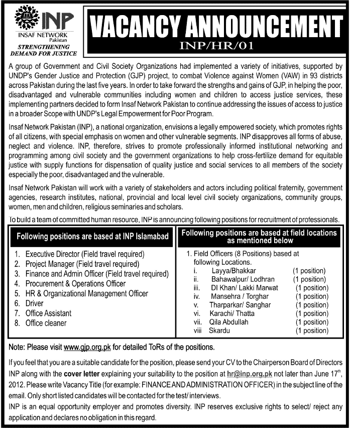 Executive and Management Jobs at INSAF Network Pakistan (INP)