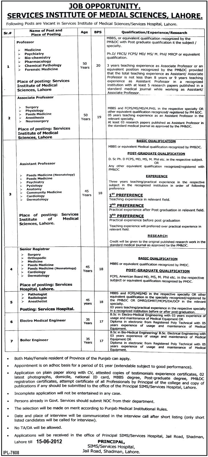 Medical Teaching Faculty and Engineers Required at Services Institute of Medical Sciences