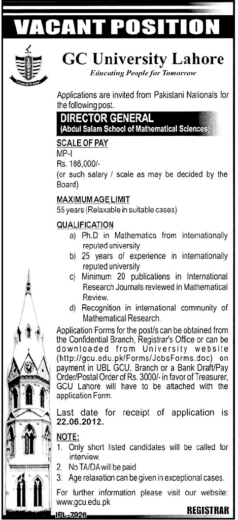 Director General Required at GC University