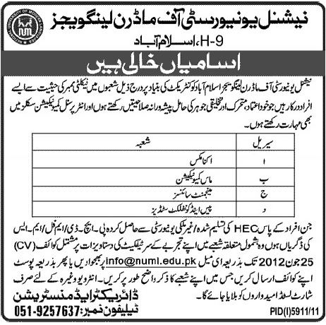 Faculty Members Required at NUML